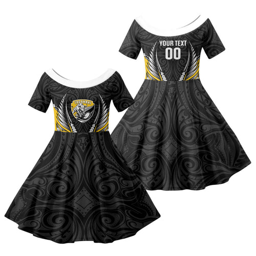 Taranaki 2026 Rugby Custom Family Matching Off Shoulder Maxi Dress and Hawaiian Shirt NZ Maori Silver Fern