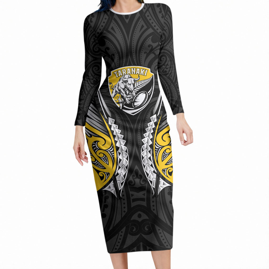Taranaki 2026 Rugby Custom Long Sleeve Bodycon Dress NZ Maori Silver Fern