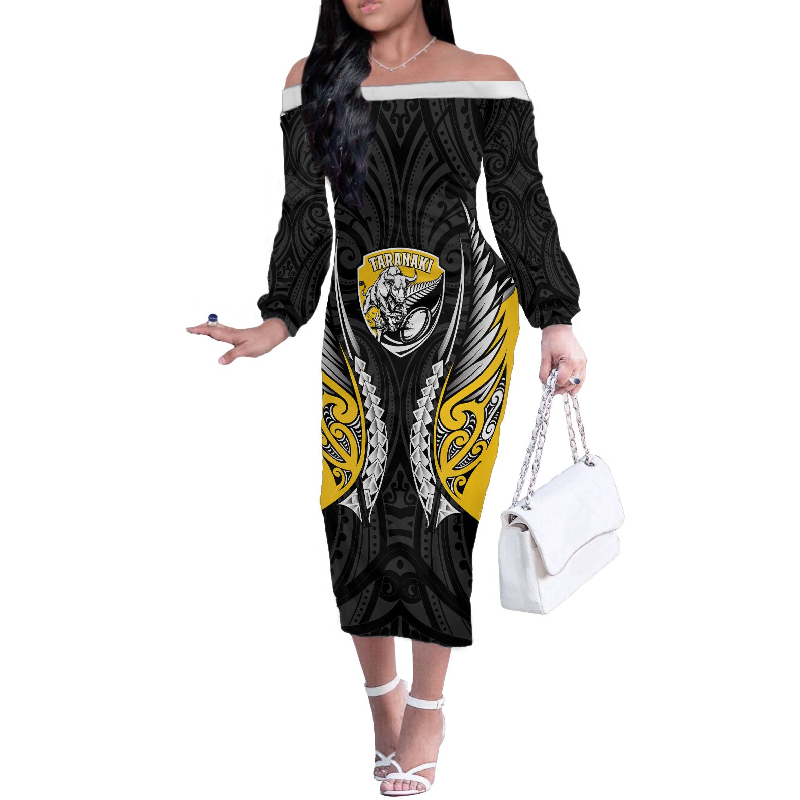 Taranaki 2026 Rugby Custom Off The Shoulder Long Sleeve Dress NZ Maori Silver Fern