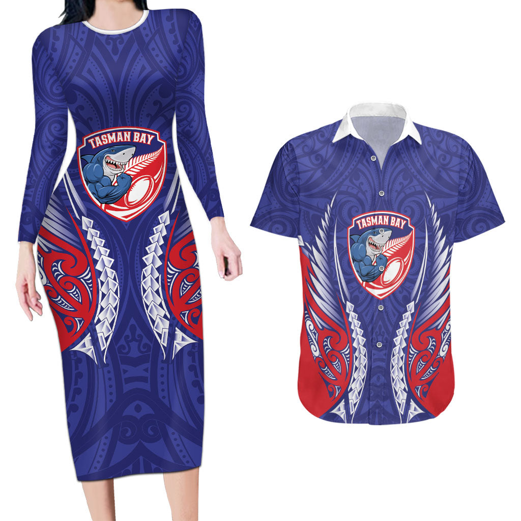 Tasman Bay 2026 Rugby Custom Couples Matching Long Sleeve Bodycon Dress and Hawaiian Shirt NZ Maori Silver Fern