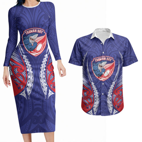 Tasman Bay 2026 Rugby Custom Couples Matching Long Sleeve Bodycon Dress and Hawaiian Shirt NZ Maori Silver Fern
