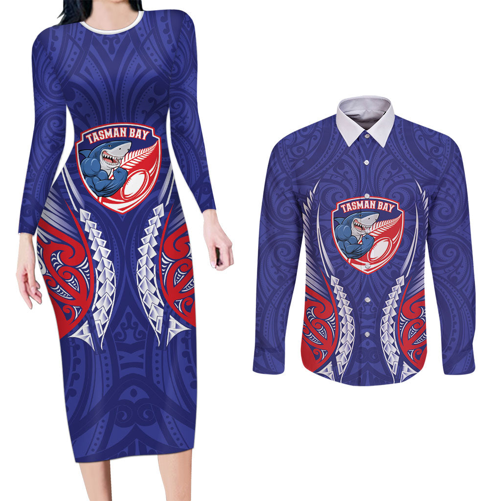 Tasman Bay 2026 Rugby Custom Couples Matching Long Sleeve Bodycon Dress and Long Sleeve Button Shirt NZ Maori Silver Fern