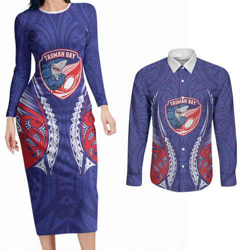 Tasman Bay 2026 Rugby Custom Couples Matching Long Sleeve Bodycon Dress and Long Sleeve Button Shirt NZ Maori Silver Fern