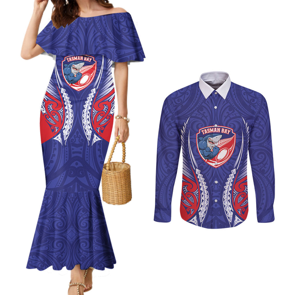 Tasman Bay 2026 Rugby Custom Couples Matching Mermaid Dress and Long Sleeve Button Shirt NZ Maori Silver Fern