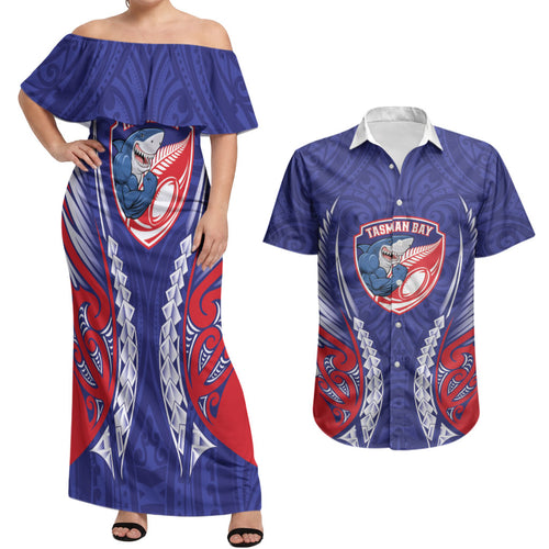 Tasman Bay 2026 Rugby Custom Couples Matching Off Shoulder Maxi Dress and Hawaiian Shirt NZ Maori Silver Fern