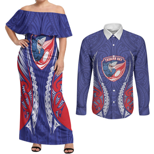 Tasman Bay 2026 Rugby Custom Couples Matching Off Shoulder Maxi Dress and Long Sleeve Button Shirt NZ Maori Silver Fern