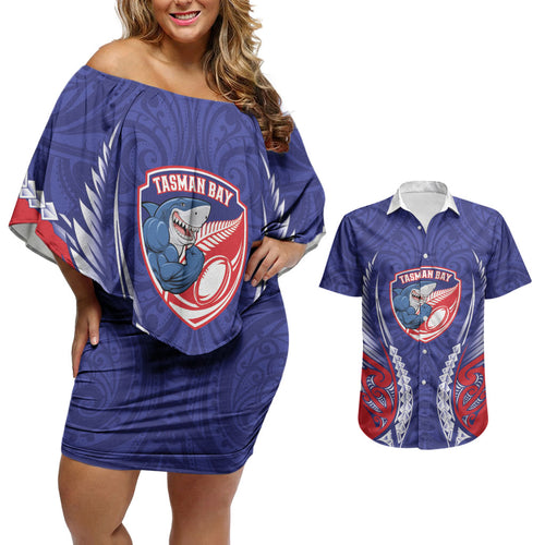 Tasman Bay 2026 Rugby Custom Couples Matching Off Shoulder Short Dress and Hawaiian Shirt NZ Maori Silver Fern