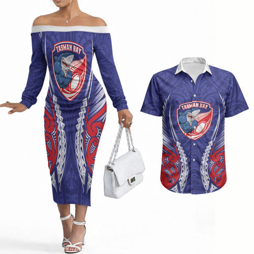 Tasman Bay 2026 Rugby Custom Couples Matching Off The Shoulder Long Sleeve Dress and Hawaiian Shirt NZ Maori Silver Fern