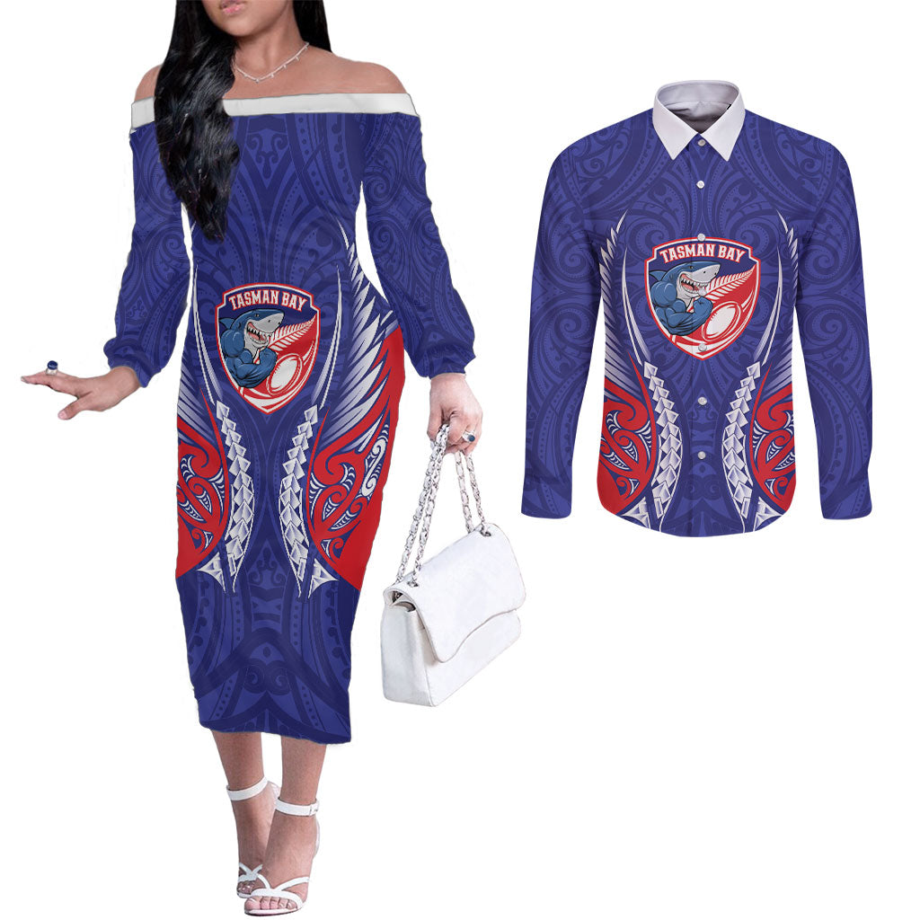 Tasman Bay 2026 Rugby Custom Couples Matching Off The Shoulder Long Sleeve Dress and Long Sleeve Button Shirt NZ Maori Silver Fern
