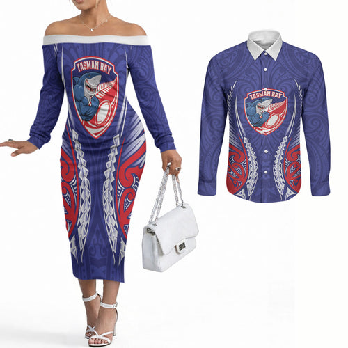 Tasman Bay 2026 Rugby Custom Couples Matching Off The Shoulder Long Sleeve Dress and Long Sleeve Button Shirt NZ Maori Silver Fern