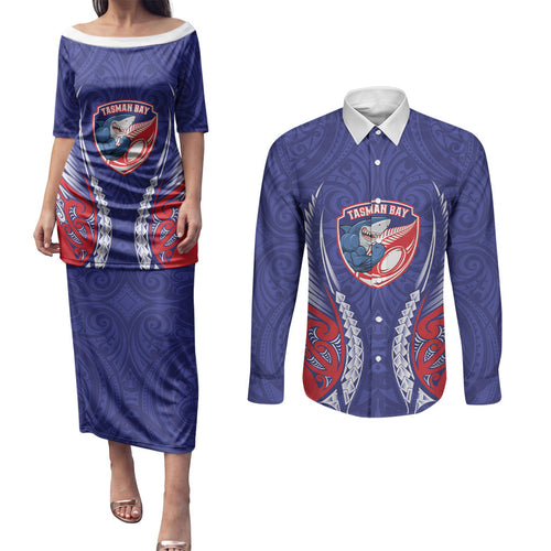 Tasman Bay 2026 Rugby Custom Couples Matching Puletasi and Long Sleeve Button Shirt NZ Maori Silver Fern