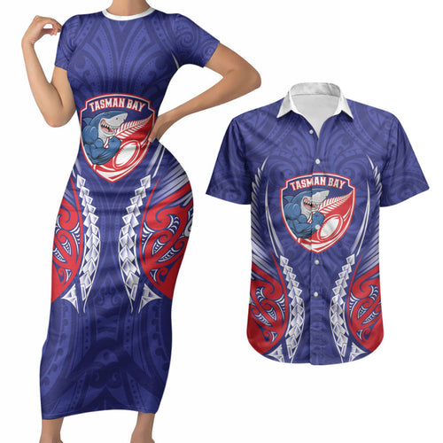 Tasman Bay 2026 Rugby Custom Couples Matching Short Sleeve Bodycon Dress and Hawaiian Shirt NZ Maori Silver Fern