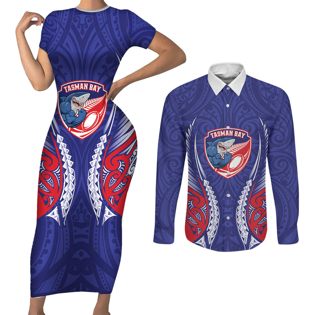 Tasman Bay 2026 Rugby Custom Couples Matching Short Sleeve Bodycon Dress and Long Sleeve Button Shirt NZ Maori Silver Fern