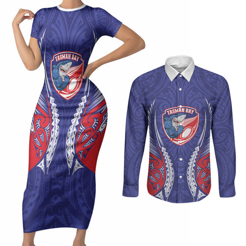 Tasman Bay 2026 Rugby Custom Couples Matching Short Sleeve Bodycon Dress and Long Sleeve Button Shirt NZ Maori Silver Fern