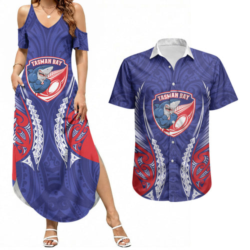 Tasman Bay 2026 Rugby Custom Couples Matching Summer Maxi Dress and Hawaiian Shirt NZ Maori Silver Fern