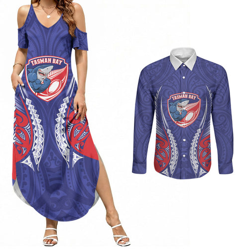 Tasman Bay 2026 Rugby Custom Couples Matching Summer Maxi Dress and Long Sleeve Button Shirt NZ Maori Silver Fern