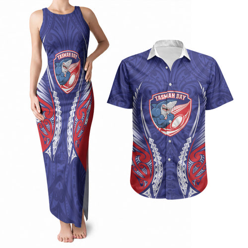 Tasman Bay 2026 Rugby Custom Couples Matching Tank Maxi Dress and Hawaiian Shirt NZ Maori Silver Fern
