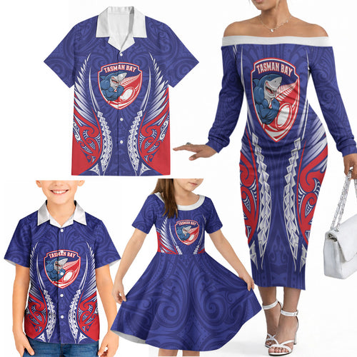 Tasman Bay 2026 Rugby Custom Family Matching Off The Shoulder Long Sleeve Dress and Hawaiian Shirt NZ Maori Silver Fern