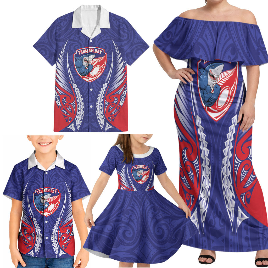 Tasman Bay 2026 Rugby Custom Family Matching Off Shoulder Maxi Dress and Hawaiian Shirt NZ Maori Silver Fern