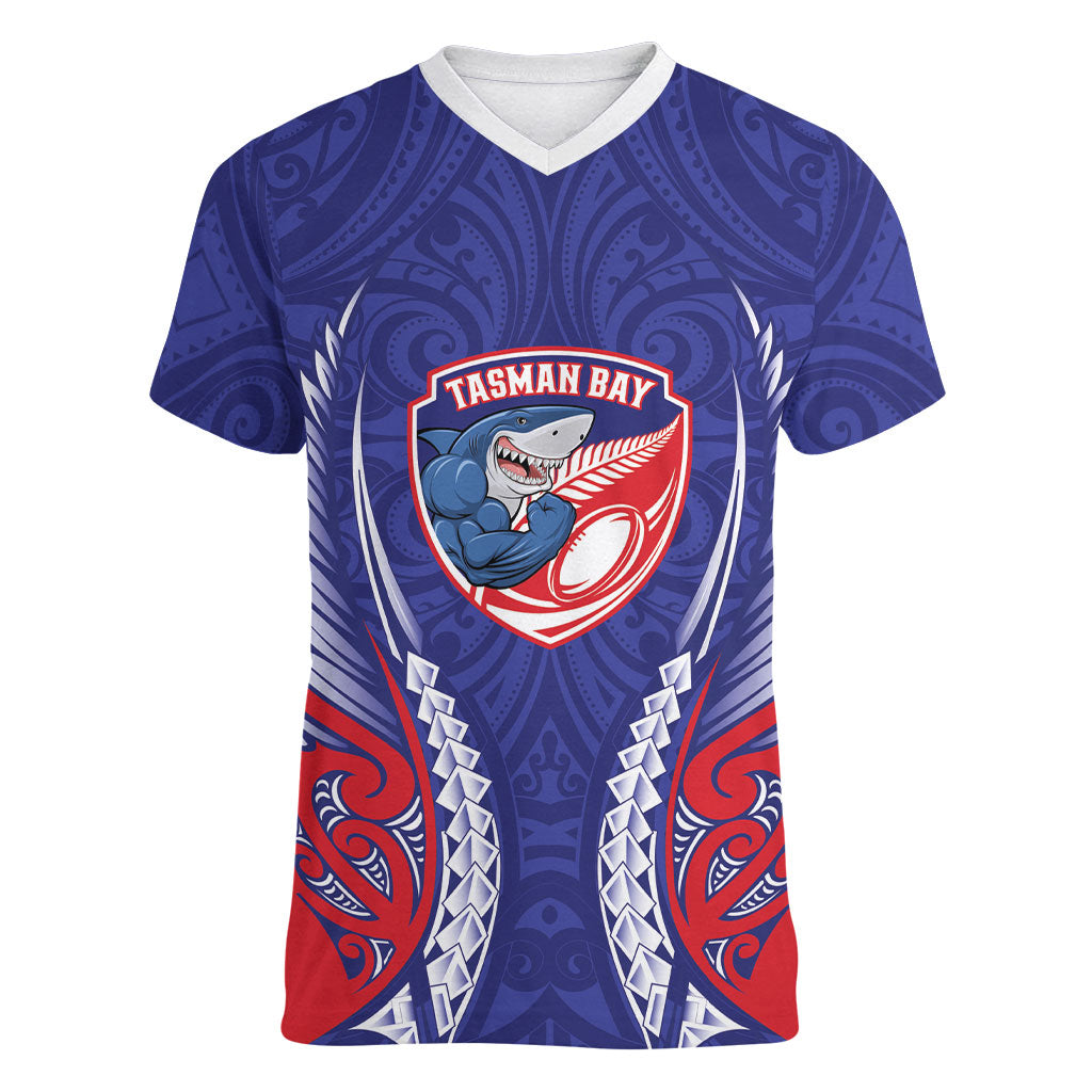 Tasman Bay 2026 Rugby Custom Women V-Neck T-Shirt NZ Maori Silver Fern