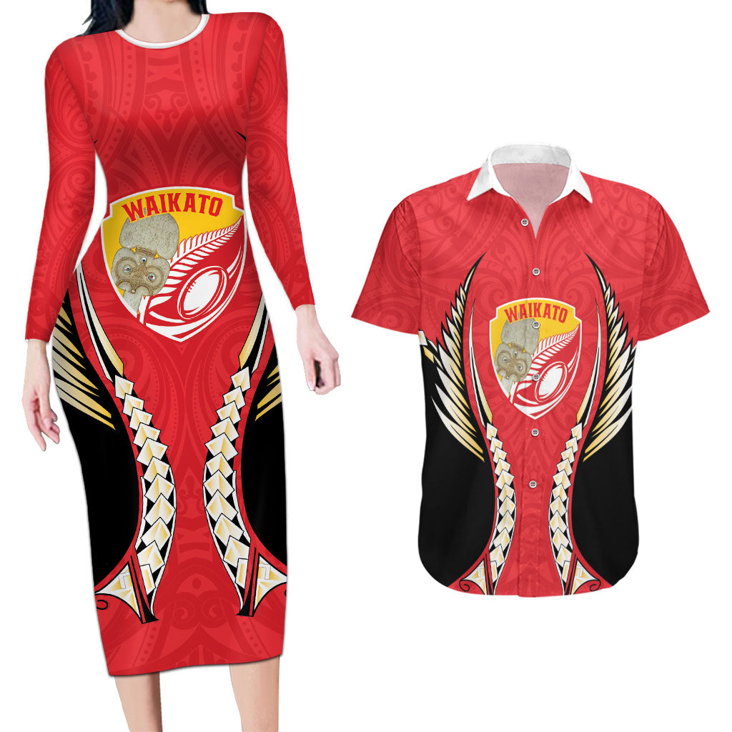 Waikato 2026 Rugby Custom Couples Matching Long Sleeve Bodycon Dress and Hawaiian Shirt NZ Maori Silver Fern