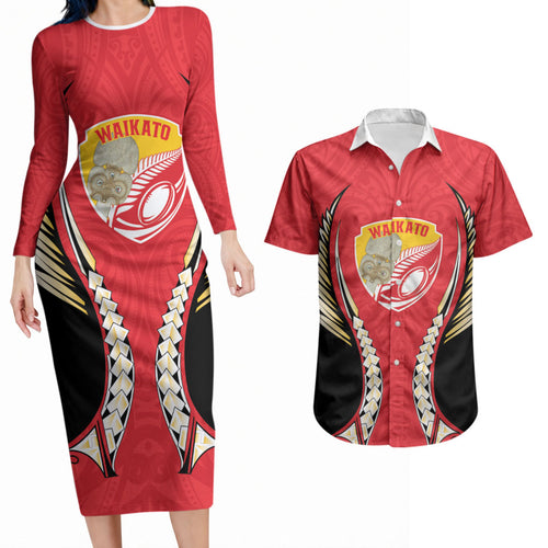 Waikato 2026 Rugby Custom Couples Matching Long Sleeve Bodycon Dress and Hawaiian Shirt NZ Maori Silver Fern