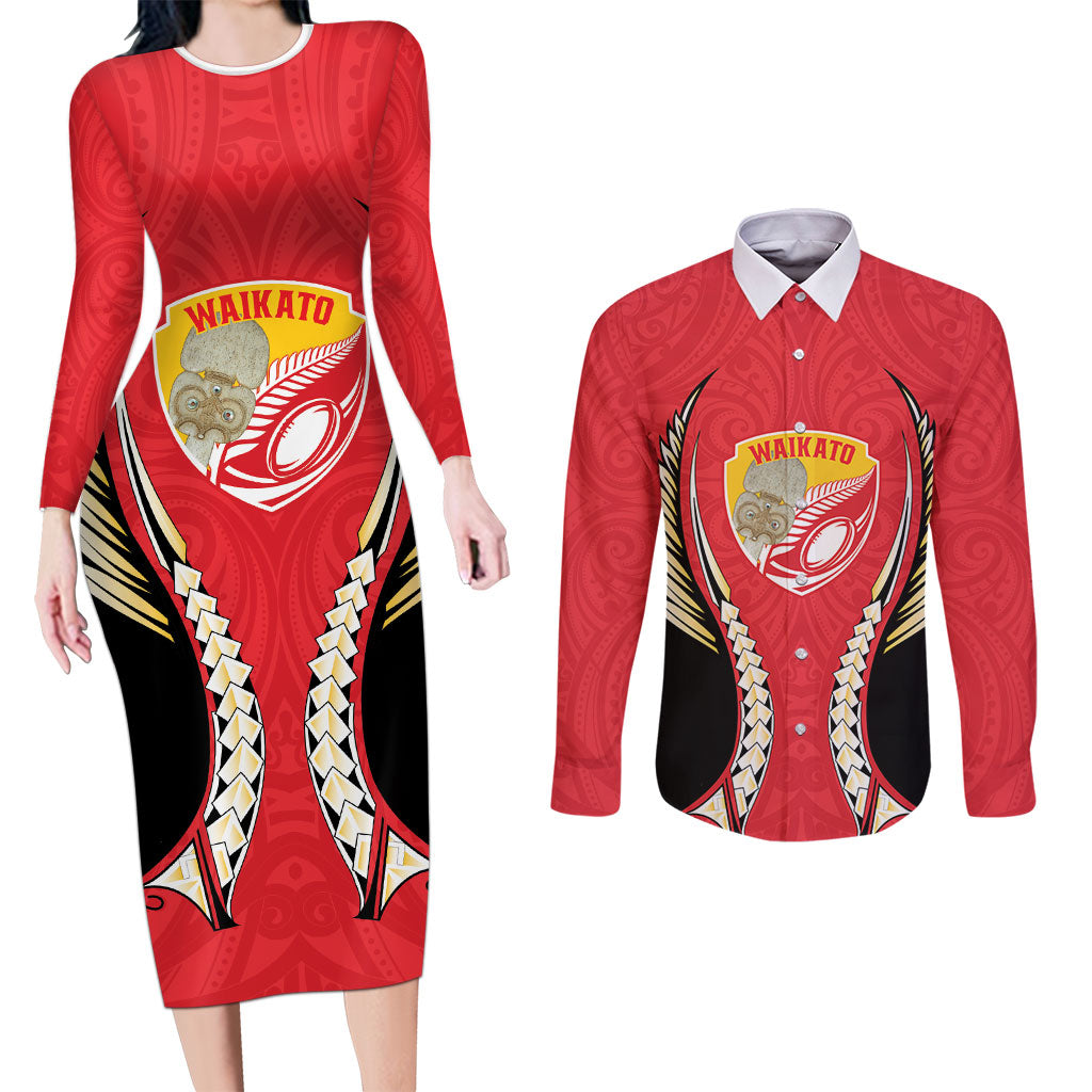 Waikato 2026 Rugby Custom Couples Matching Long Sleeve Bodycon Dress and Long Sleeve Button Shirt NZ Maori Silver Fern