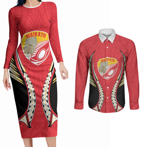 Waikato 2026 Rugby Custom Couples Matching Long Sleeve Bodycon Dress and Long Sleeve Button Shirt NZ Maori Silver Fern