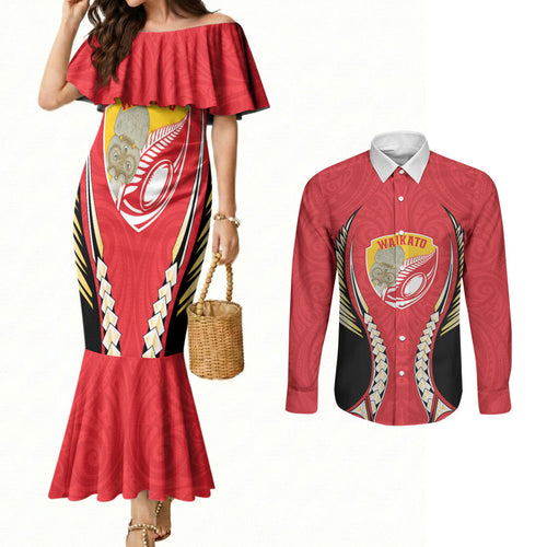 Waikato 2026 Rugby Custom Couples Matching Mermaid Dress and Long Sleeve Button Shirt NZ Maori Silver Fern