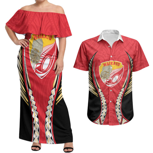 Waikato 2026 Rugby Custom Couples Matching Off Shoulder Maxi Dress and Hawaiian Shirt NZ Maori Silver Fern
