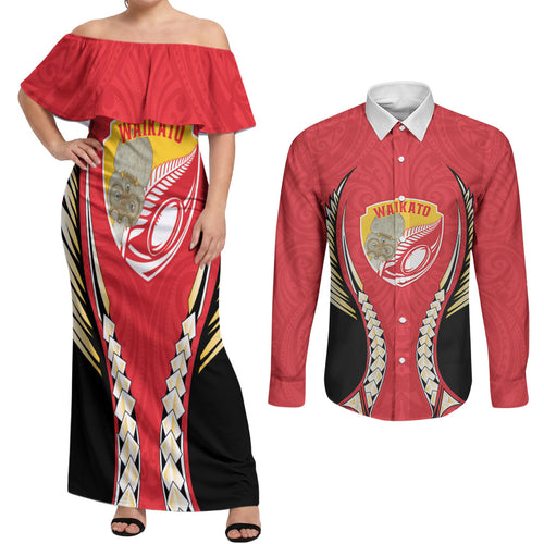 Waikato 2026 Rugby Custom Couples Matching Off Shoulder Maxi Dress and Long Sleeve Button Shirt NZ Maori Silver Fern