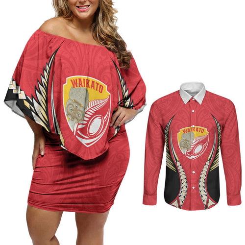 Waikato 2026 Rugby Custom Couples Matching Off Shoulder Short Dress and Long Sleeve Button Shirt NZ Maori Silver Fern