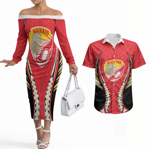 Waikato 2026 Rugby Custom Couples Matching Off The Shoulder Long Sleeve Dress and Hawaiian Shirt NZ Maori Silver Fern