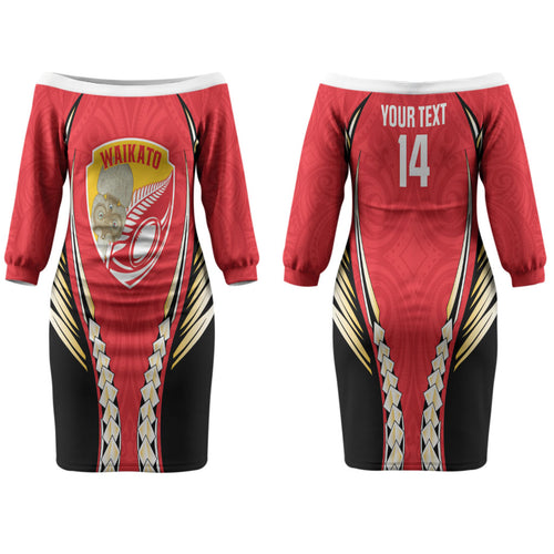 Waikato 2026 Rugby Custom Couples Matching Off The Shoulder Long Sleeve Dress and Hawaiian Shirt NZ Maori Silver Fern LT14