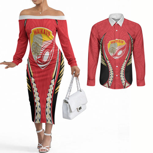 Waikato 2026 Rugby Custom Couples Matching Off The Shoulder Long Sleeve Dress and Long Sleeve Button Shirt NZ Maori Silver Fern