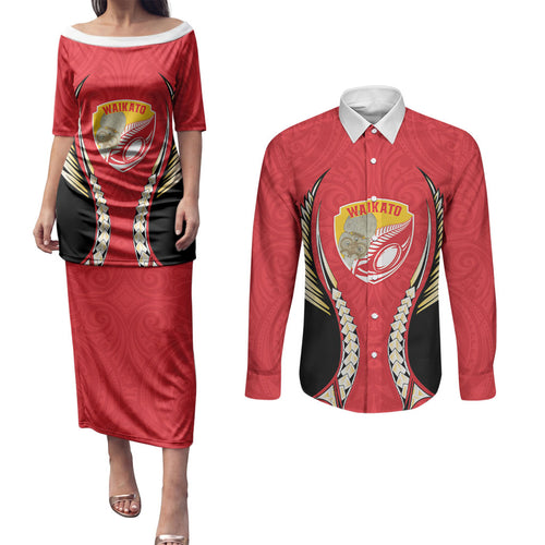 Waikato 2026 Rugby Custom Couples Matching Puletasi and Long Sleeve Button Shirt NZ Maori Silver Fern