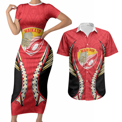 Waikato 2026 Rugby Custom Couples Matching Short Sleeve Bodycon Dress and Hawaiian Shirt NZ Maori Silver Fern