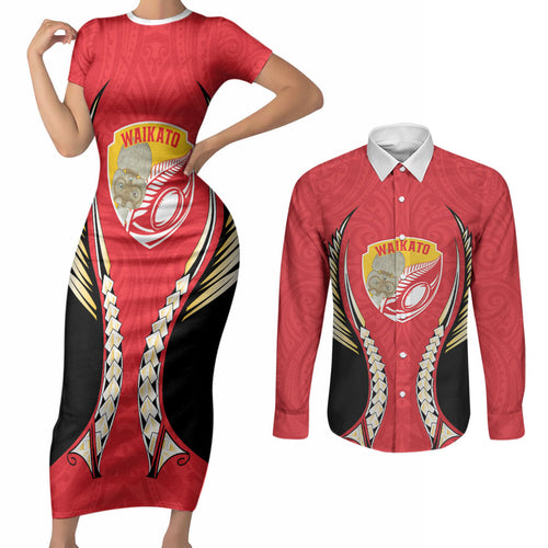 Waikato 2026 Rugby Custom Couples Matching Short Sleeve Bodycon Dress and Long Sleeve Button Shirt NZ Maori Silver Fern