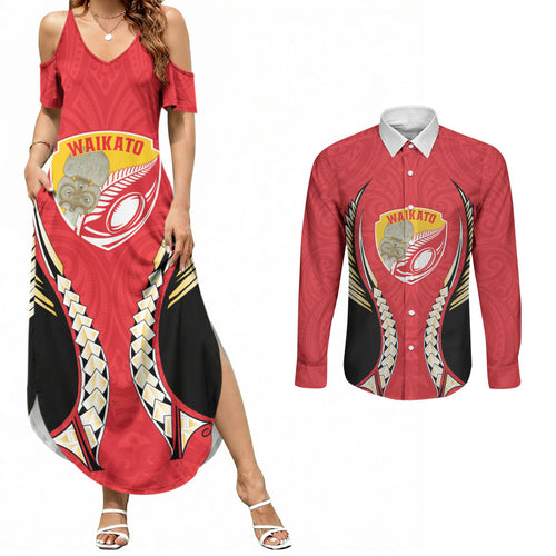 Waikato 2026 Rugby Custom Couples Matching Summer Maxi Dress and Long Sleeve Button Shirt NZ Maori Silver Fern