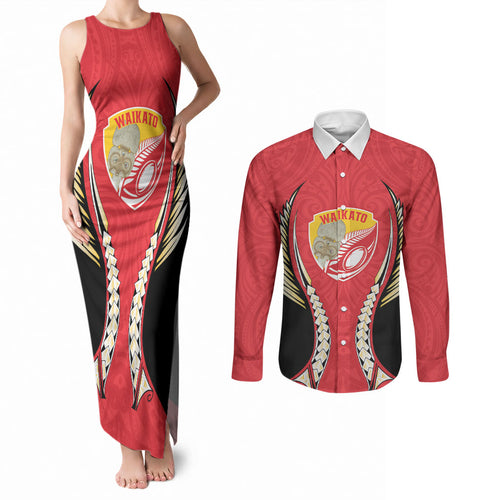Waikato 2026 Rugby Custom Couples Matching Tank Maxi Dress and Long Sleeve Button Shirt NZ Maori Silver Fern