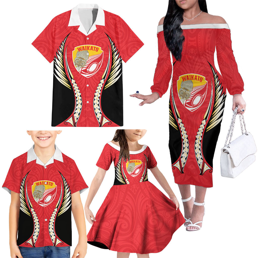 Waikato 2026 Rugby Custom Family Matching Off The Shoulder Long Sleeve Dress and Hawaiian Shirt NZ Maori Silver Fern