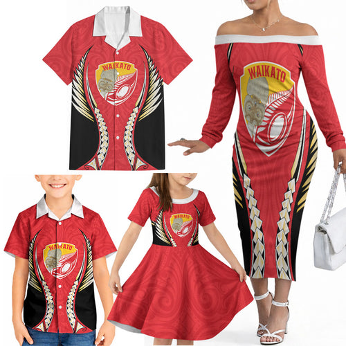 Waikato 2026 Rugby Custom Family Matching Off The Shoulder Long Sleeve Dress and Hawaiian Shirt NZ Maori Silver Fern