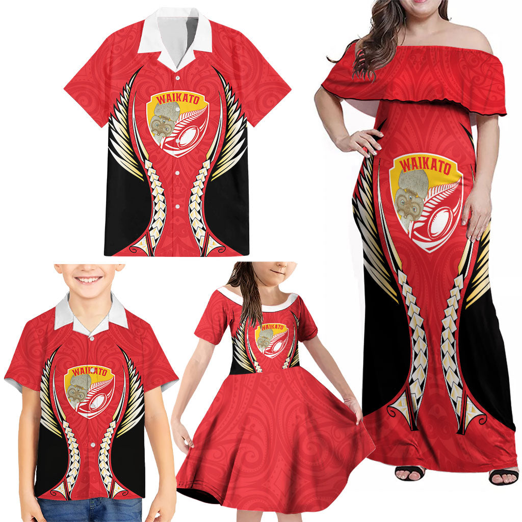 Waikato 2026 Rugby Custom Family Matching Off Shoulder Maxi Dress and Hawaiian Shirt NZ Maori Silver Fern