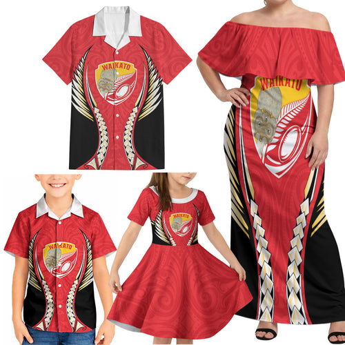 Waikato 2026 Rugby Custom Family Matching Off Shoulder Maxi Dress and Hawaiian Shirt NZ Maori Silver Fern