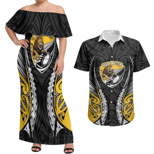 Wellington 2026 Rugby Custom Couples Matching Off Shoulder Maxi Dress and Hawaiian Shirt NZ Maori Silver Fern