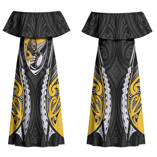 Wellington 2026 Rugby Custom Couples Matching Off Shoulder Maxi Dress and Hawaiian Shirt NZ Maori Silver Fern LT14