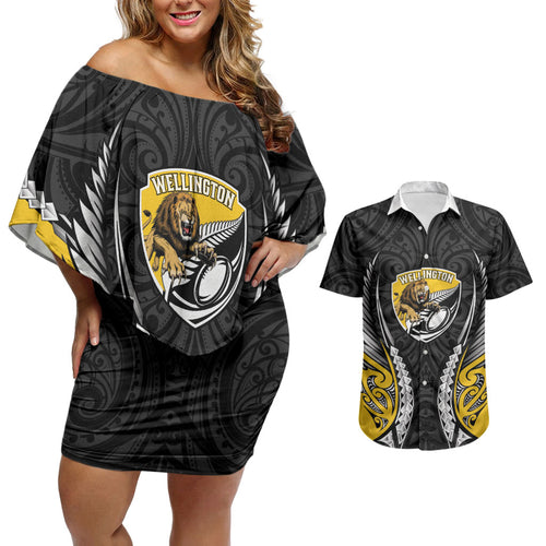 Wellington 2026 Rugby Custom Couples Matching Off Shoulder Short Dress and Hawaiian Shirt NZ Maori Silver Fern