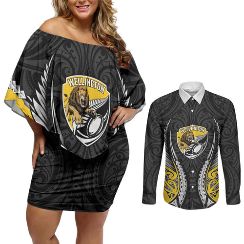 Wellington 2026 Rugby Custom Couples Matching Off Shoulder Short Dress and Long Sleeve Button Shirt NZ Maori Silver Fern