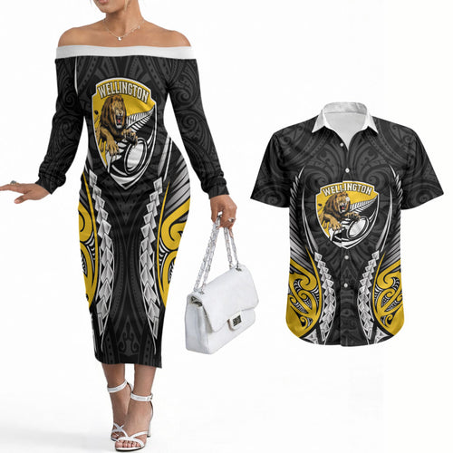 Wellington 2026 Rugby Custom Couples Matching Off The Shoulder Long Sleeve Dress and Hawaiian Shirt NZ Maori Silver Fern