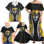 Wellington 2026 Rugby Custom Family Matching Off Shoulder Maxi Dress and Hawaiian Shirt NZ Maori Silver Fern